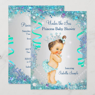 Invitation Bleu sous la princesse de la mer Baby Shower Brune