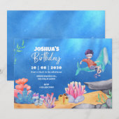 Invitation Bleu sous-marin Mer Océan garçon anniversaire de p (Devant / Derrière)