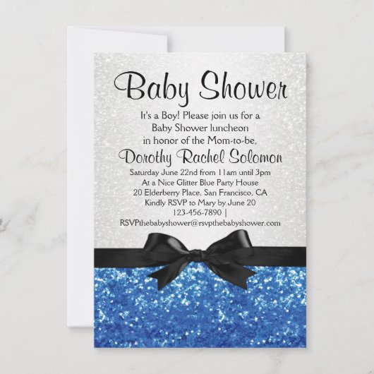 Invitation Bleu Sparkle-look Bow Boy's Baby shower (Devant)