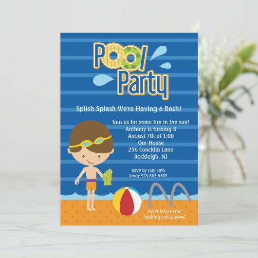 Invitation Bleu Splish Splash Boys Pool Party Anniversaire In (Debout devant)