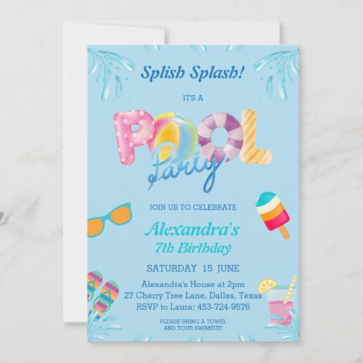 Invitation Bleu Splish Splash Enfants Pool Party (Devant)