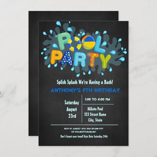Invitation Bleu Splish Splash Venez À Notre Bash Pool Party (Devant / Derrière)
