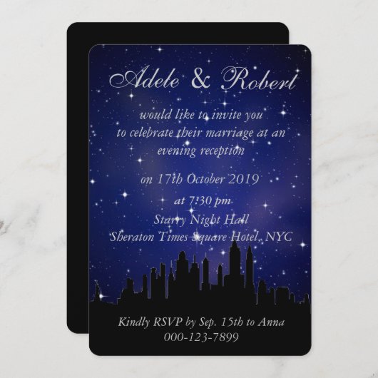 Invitation Bleu Starry NYC Skyline Wedding Réception (Devant / Derrière)