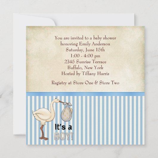 Invitation Bleu Stripe Stork Bébé Garçon Douche (Dos)