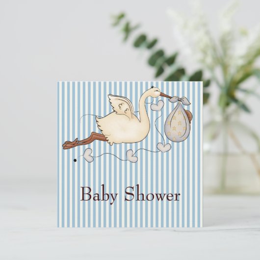 Invitation Bleu Stripe Stork Bébé Garçon Douche (Debout devant)