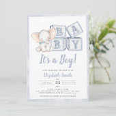 Invitation Bleu Stripes Boy Elephant Baby shower cacahuète (Debout devant)