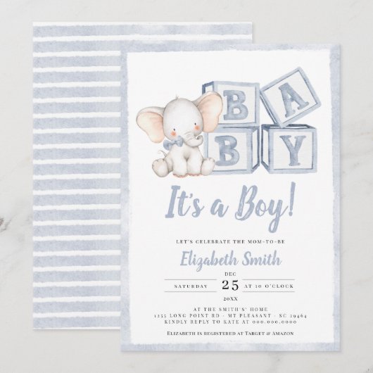 Invitation Bleu Stripes Boy Elephant Baby shower cacahuète (Devant / Derrière)