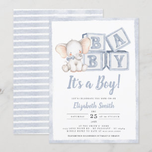 Invitation Bleu Stripes Boy Elephant Baby shower cacahuète