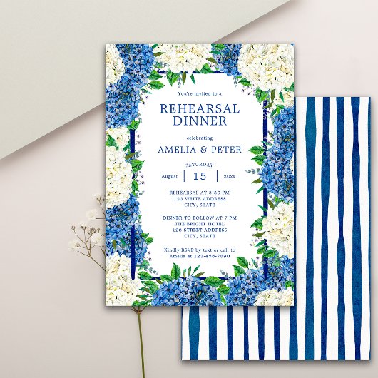 Invitation Bleu Stripes Hydrangeas Dîner de répétition Mariag