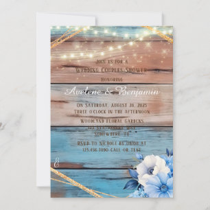 Invitation Bleu Tan Bois Lumières Floral Mariage Couples Douc