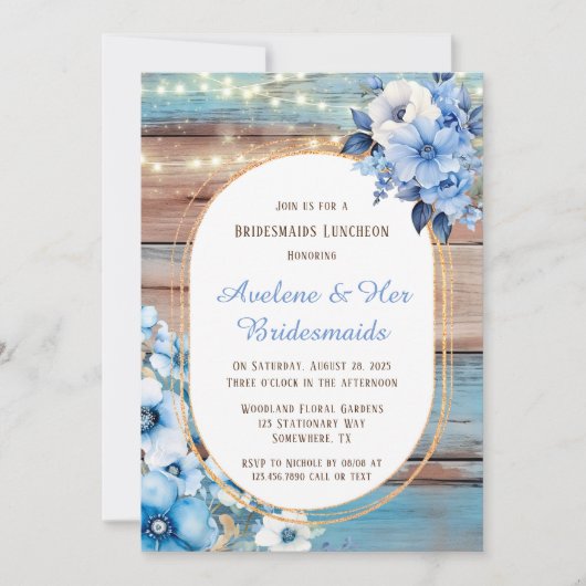 Invitation Bleu Tan Bois Lumières Florals Bridesmaiers Déjeun (Devant)