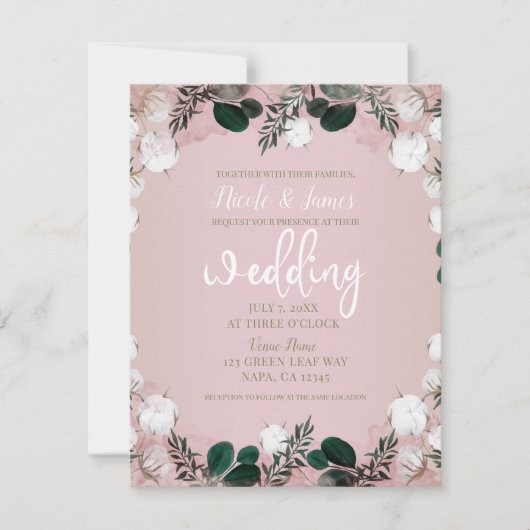 Invitation Bleu Taupe Coton Floral Verdure Mariage rustique (Devant)