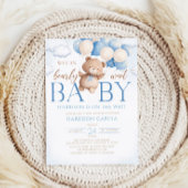 Invitation Bleu Teddy Bear Balloon Bearly Wait Baby shower