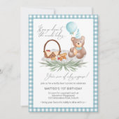 Invitation Bleu Teddy Bear Balloon Pique-nique 1er Anniversai (Devant)