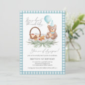 Invitation Bleu Teddy Bear Balloon Pique-nique 1er Anniversai (Debout devant)