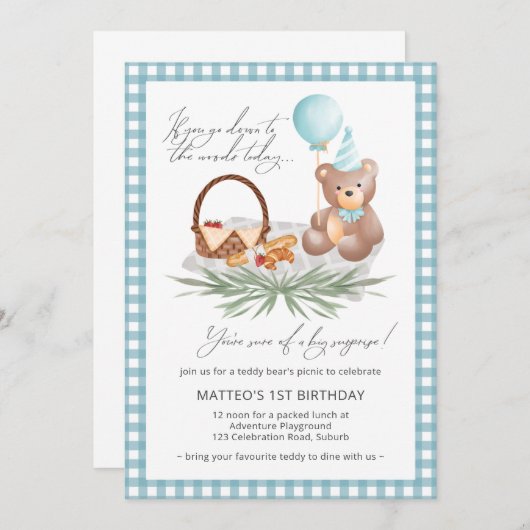 Invitation Bleu Teddy Bear Balloon Pique-nique 1er Anniversai (Devant / Derrière)