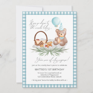 Invitation Bleu Teddy Bear Balloon Pique-nique 1er Anniversai