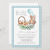 Invitation Bleu Teddy Bear Balloon Pique-nique 1er Anniversai (Devant / Derrière)