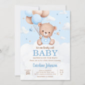 Invitation Bleu Teddy Bear Nuages Baby shower à ballon (Devant)