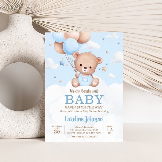 Invitation Bleu Teddy Bear Nuages Baby shower à ballon