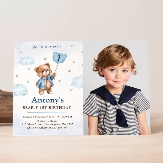 Invitation Bleu Teddy Ours Ballons Premier anniversaire Photo