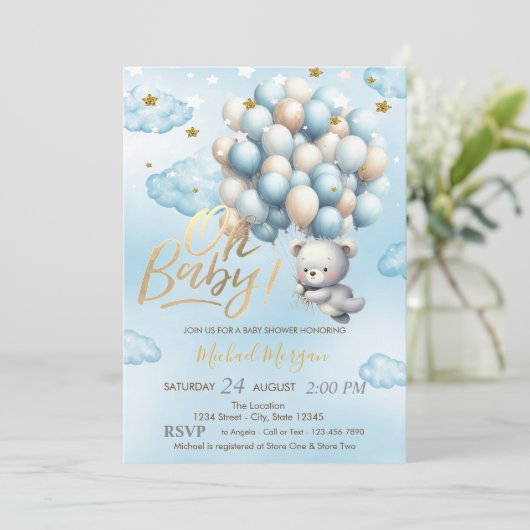 Invitation Bleu Teddy Ours Nuages Étoiles Baby shower à ballo (Debout devant)