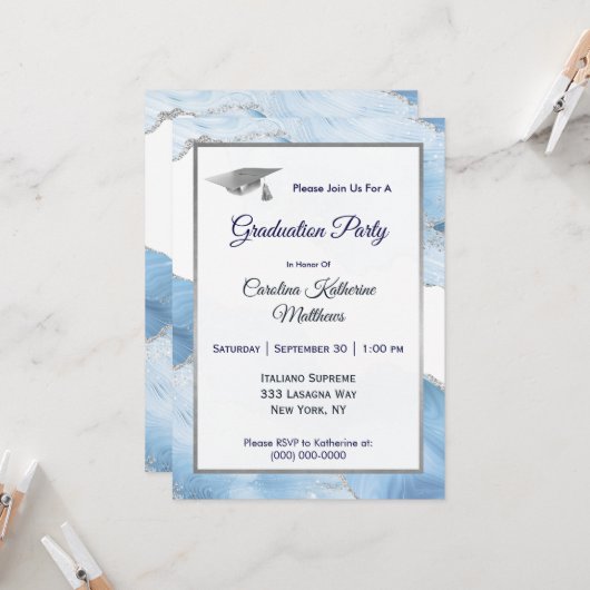 Invitation Bleu tendance Agate Argent Graduation (Devant/Arrière en situation)