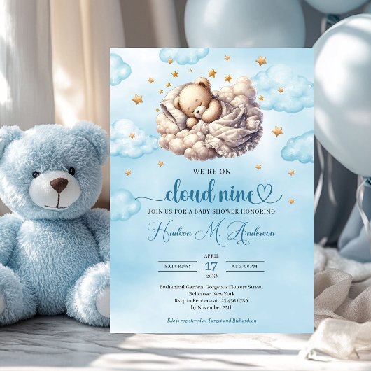 Invitation Bleu tendance et lune or et retour Baby shower Gar