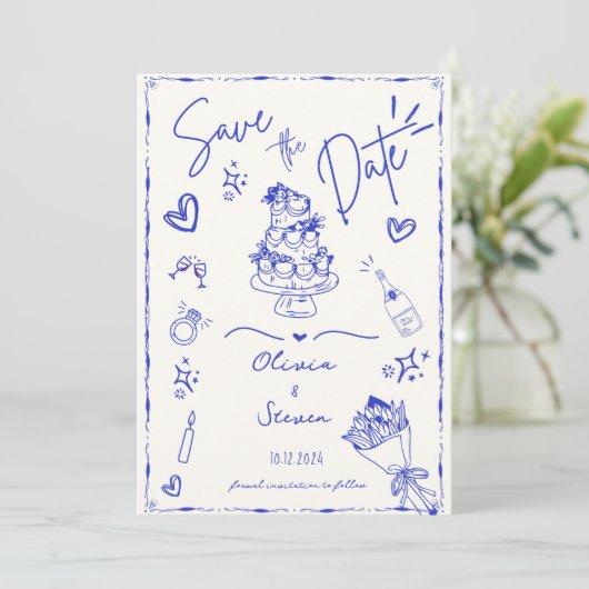 Invitation Bleu tendance main tiré Scribble amusant Enregistr (Debout devant)