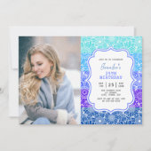 Invitation Bleu tendance rayures Floral Frame Photo Anniversa (Devant)
