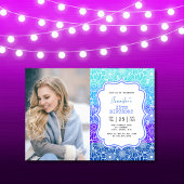 Invitation Bleu tendance rayures Floral Frame Photo Anniversa