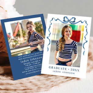 Invitation Bleu tendance Ruban 2 PHOTO Graduation Party