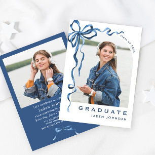 Invitation Bleu tendance Ruban 2 PHOTO Graduation Party