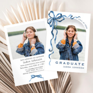 Invitation Bleu tendance Ruban 2 PHOTO Graduation Party