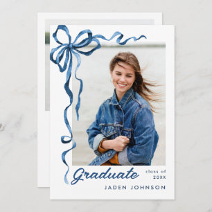 Invitation Bleu tendance Ruban 2 PHOTO Graduation Party