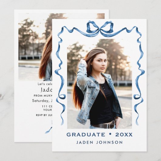 Invitation Bleu tendance Ruban 2 PHOTO Graduation Party (Devant / Derrière)