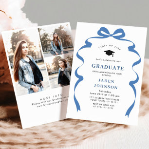 Invitation Bleu tendance Ruban Bow 3 PHOTO Graduation Party