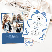 Invitation Bleu tendance Ruban Bow 3 PHOTO Graduation Party
