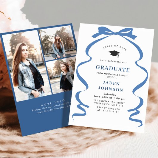 Invitation Bleu tendance Ruban Bow 3 PHOTO Graduation Party