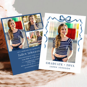 Invitation Bleu tendance Ruban Bow 4 PHOTO Graduation Party