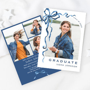 Invitation Bleu tendance Ruban Bow 4 PHOTO Graduation Party