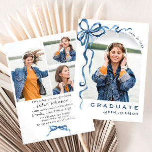 Invitation Bleu tendance Ruban Bow 4 PHOTO Graduation Party