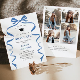 Invitation Bleu tendance Ruban Bow 4 PHOTO Graduation Party