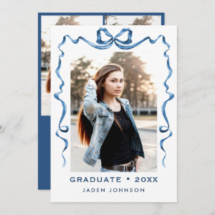 Invitation Bleu tendance Ruban Bow 4 PHOTO Graduation Party
