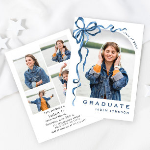 Invitation Bleu tendance Ruban de Bow 5 PHOTO Graduation Part