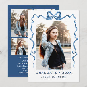 Invitation Bleu tendance Ruban de Bow 5 PHOTO Graduation Part