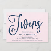 Invitation Bleu tendance Script C'est Twins Girl Baby shower (Devant)
