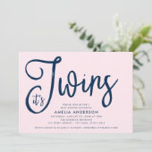 Invitation Bleu tendance Script C'est Twins Girl Baby shower (Debout devant)