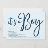 Invitation Bleu tendance Script C'est un Baby shower garçon (Devant)