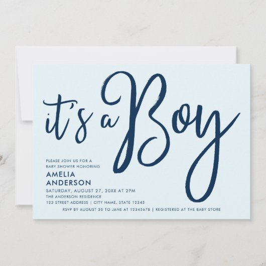 Invitation Bleu tendance Script C'est un Baby shower garçon (Devant)